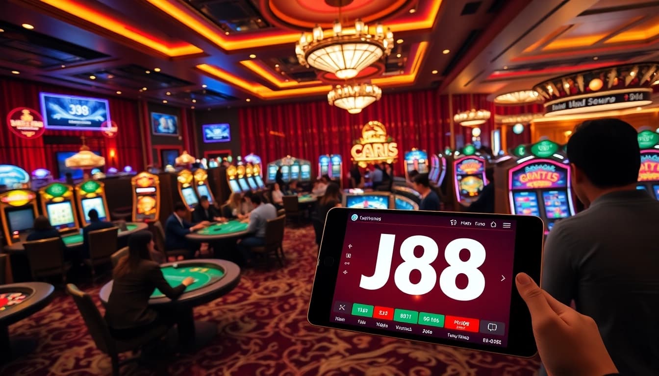 Players enjoying a thrilling gambling experience at https://j88.gives/ with vibrant casino tables and slot machines.