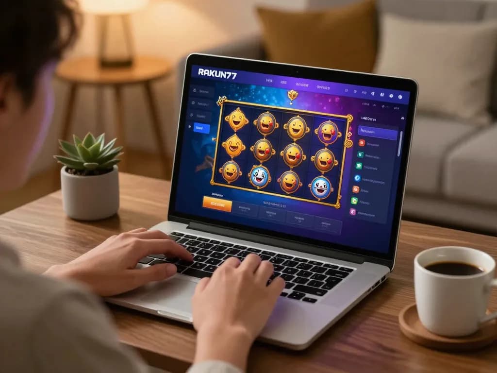 Pemain menikmati slot online RAKUN77 di setup laptop yang nyaman dengan pencahayaan hangat.