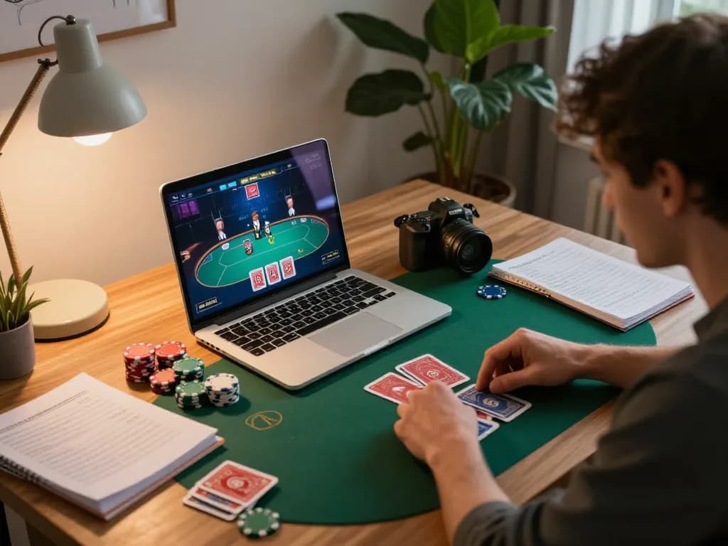 uu88 player strategizing online poker gameplay at home desk with notes and laptop
