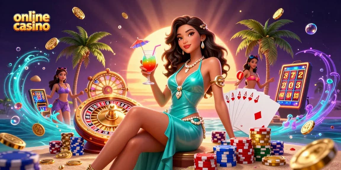 Experience an exciting online casino scene showcasing an Asian woman with a cocktail amid vibrant casino elements.