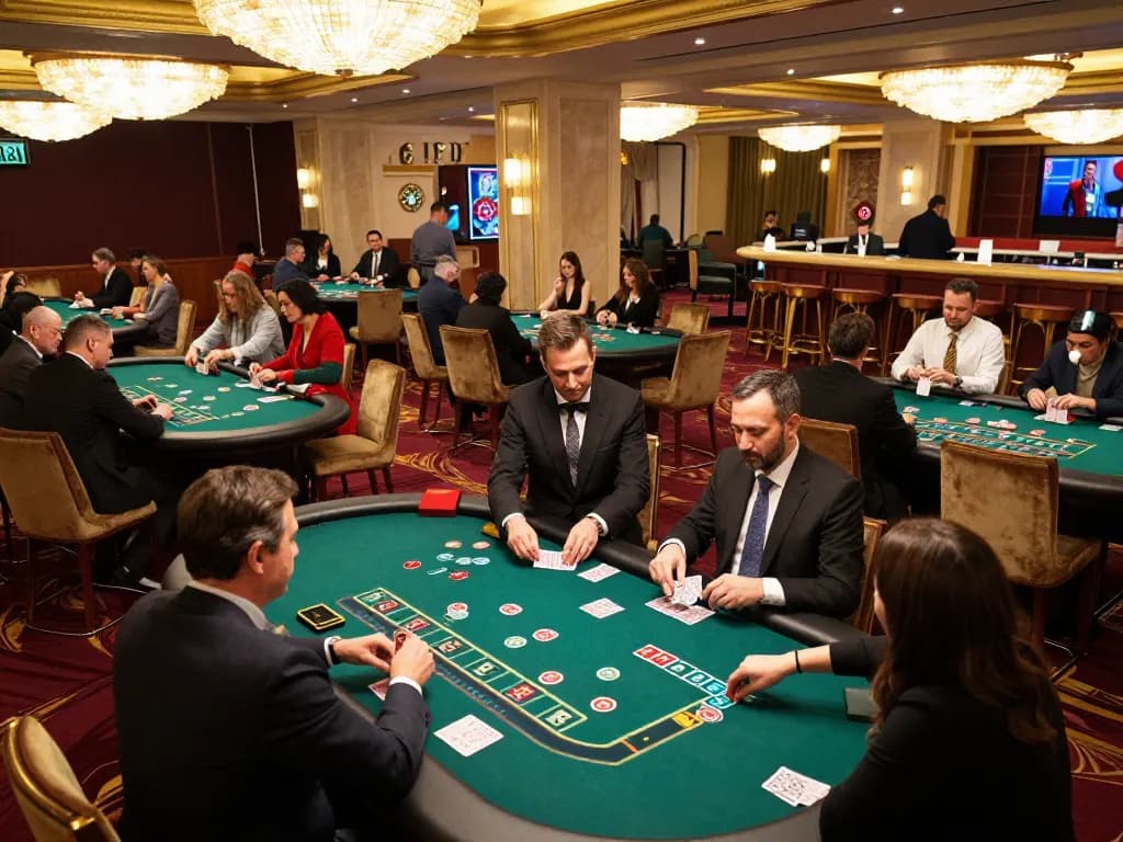 UFA372 players engaging in blackjack strategy at a luxurious casino table amid vibrant lighting