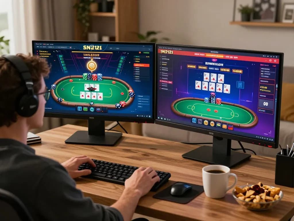 Pengalaman permainan online SN2121 yang menarik di rumah, menampilkan beberapa layar yang menunjukkan permainan poker dan dealer langsung.