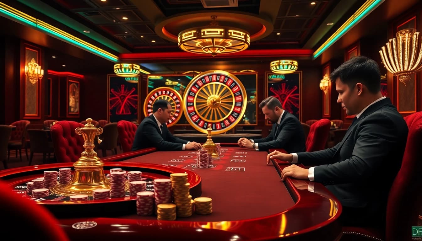 Engaging players enjoying poker at DF999 casino, showcasing luxury and excitement.