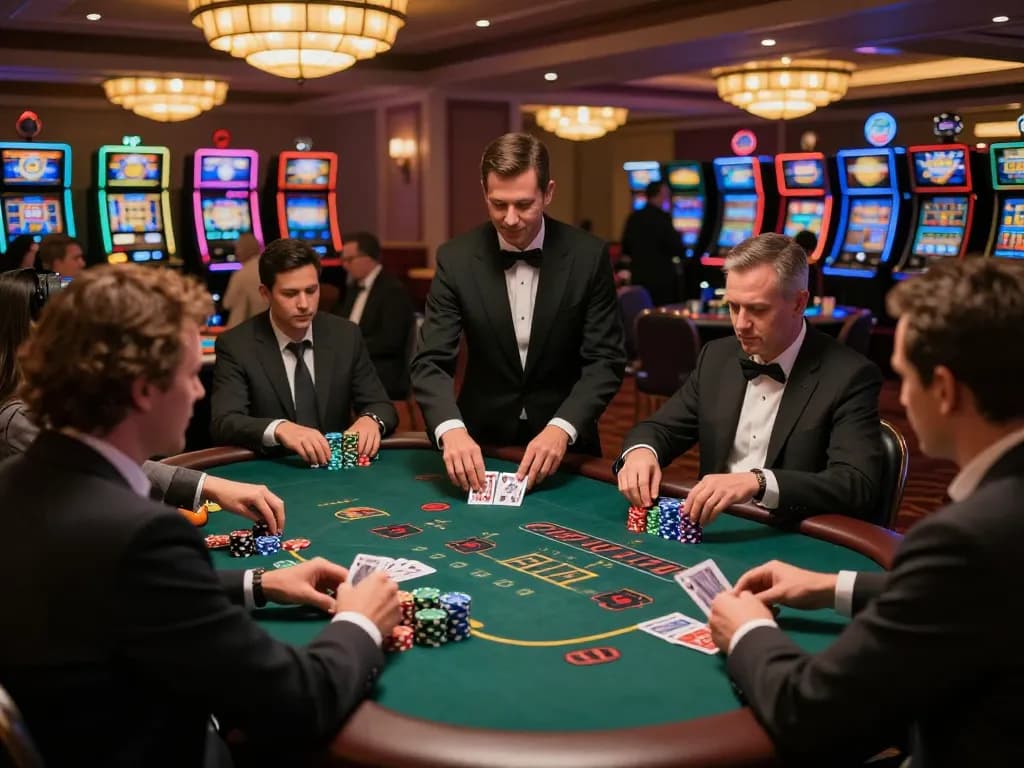 Pemain Planet77 merencanakan strategi di meja blackjack yang mendebarkan dengan chip berwarna-warni dan fokus.