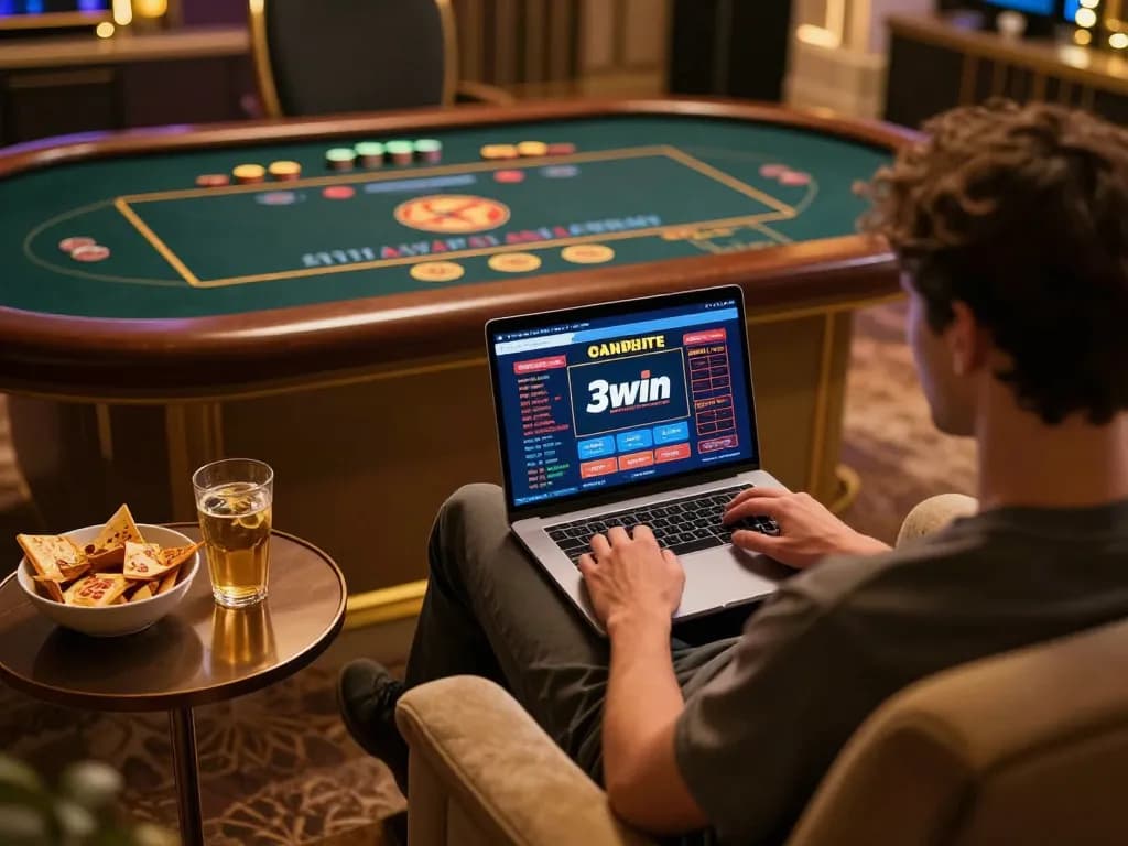 Engaging online gambling experience with 3win interface displayed on laptop in cozy home setting.