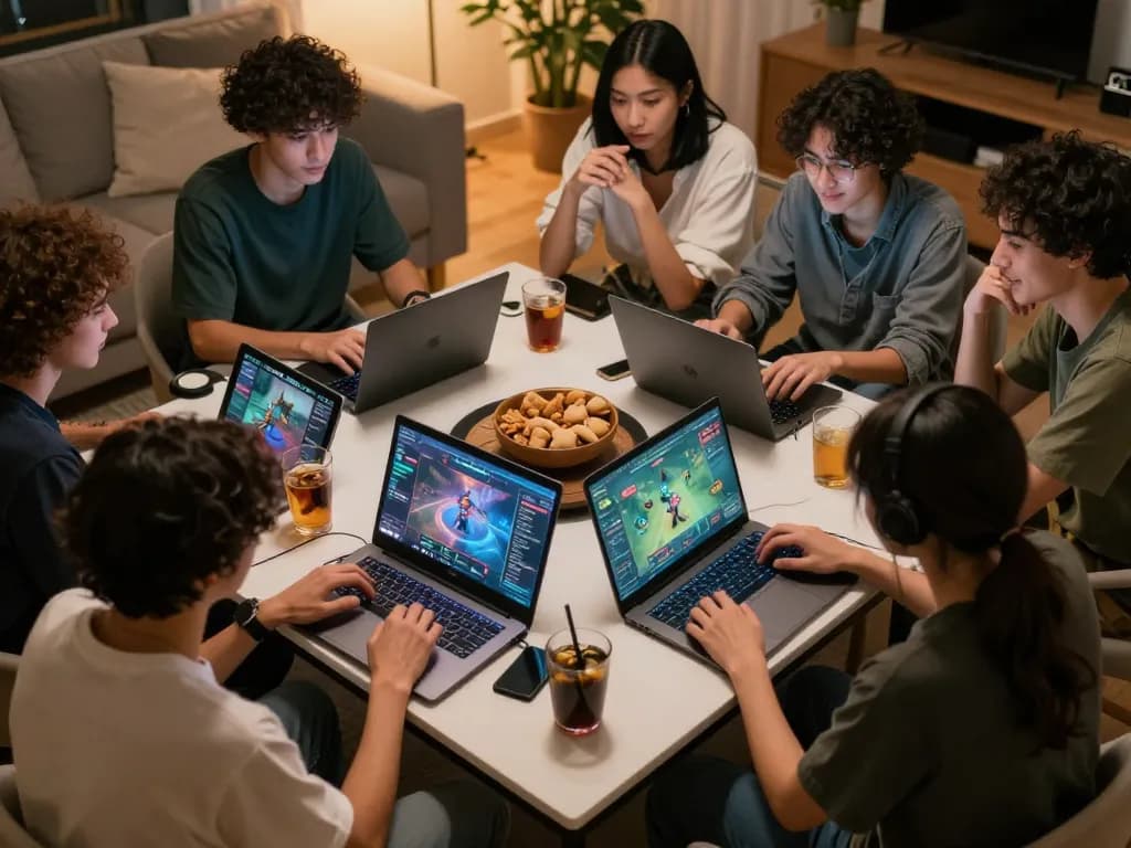 Engaged players enjoying a game bài online session with laptops and tablets.