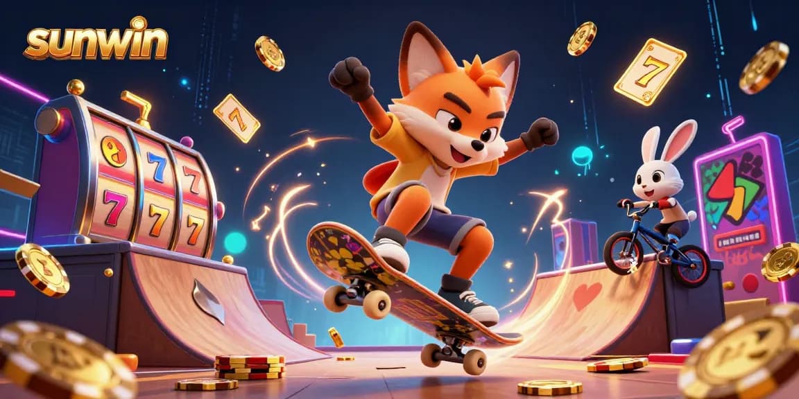 Skateboarding fox and BMX rabbit enjoy exhilarating sunwin casino-inspired tricks with vibrant 3D elements.