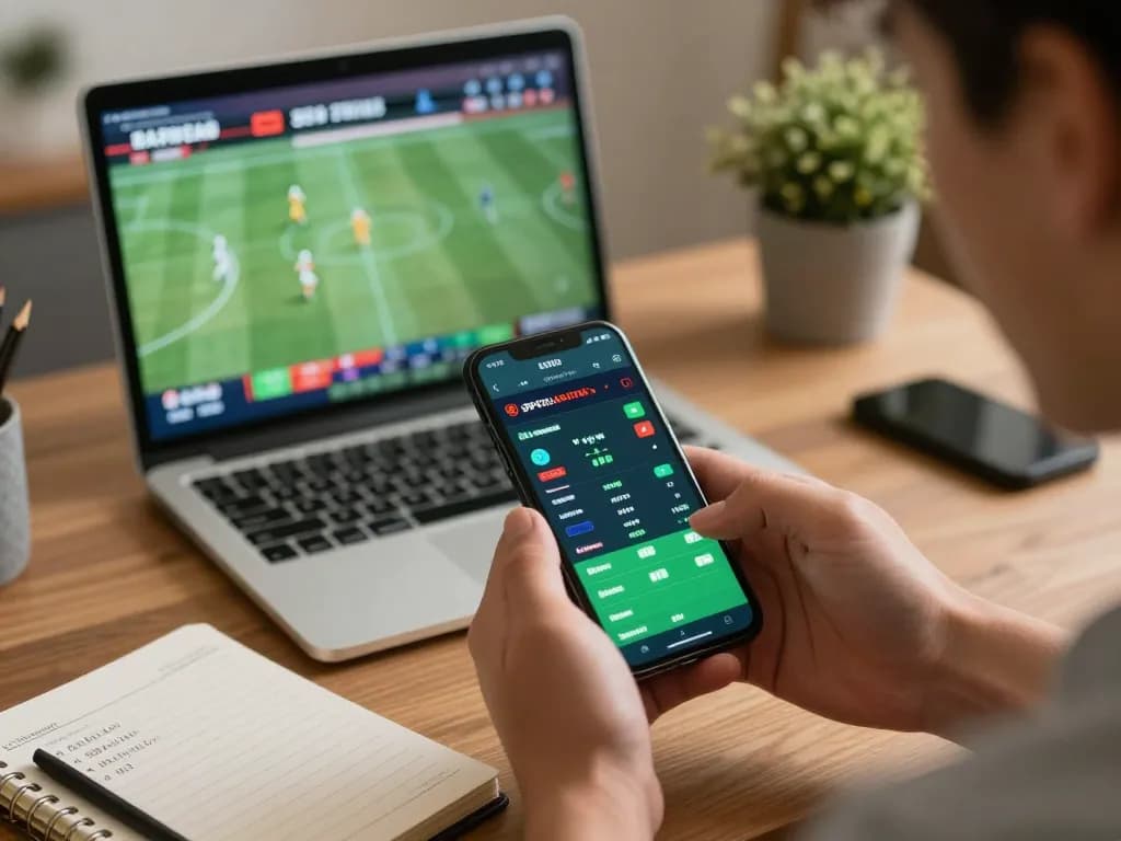 Person engaging in sports betting on FUN79 app with live sports streaming