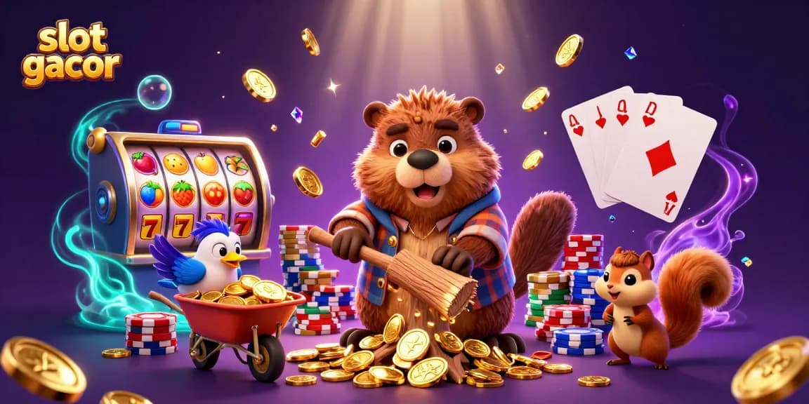 Engage with slot gacor as our cartoon beaver character chops a tree raining golden coins amidst a festive casino scene.