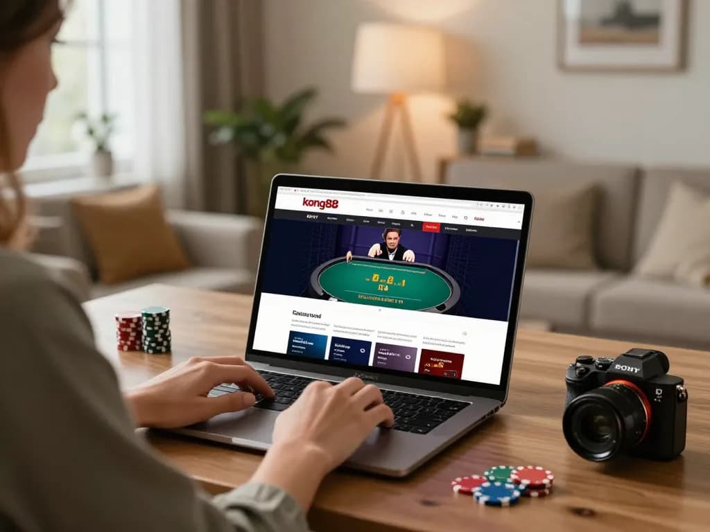 Engaging in poker strategy at kong88 online casino with a laptop at home