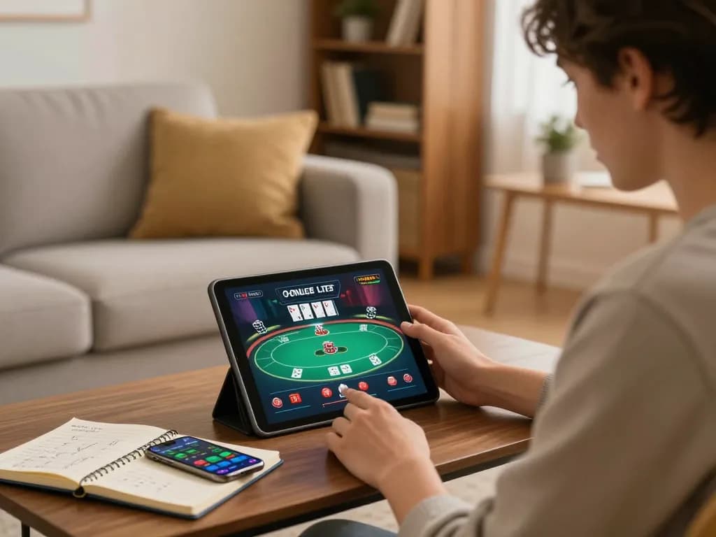 Player enjoying 32win online poker game at home, showcasing strategic engagement and comfortable environment.