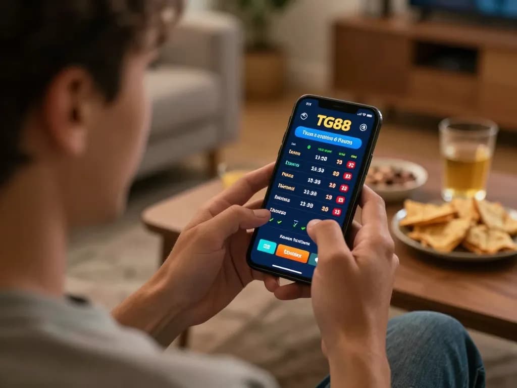TG88 user placing a sports bet on mobile in a cozy home environment with snacks and drinks.
