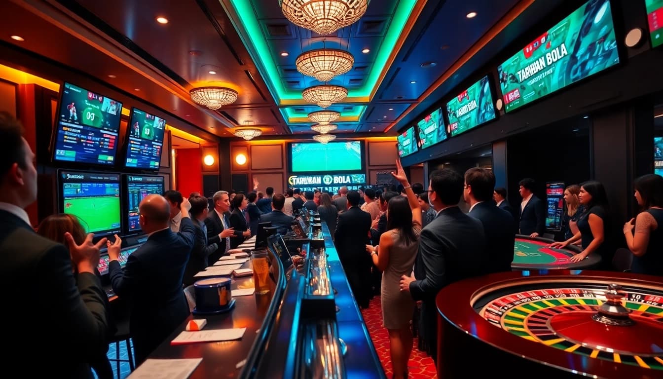 Engaging with Taruhan Bola at a bustling sports betting counter in a luxurious casino