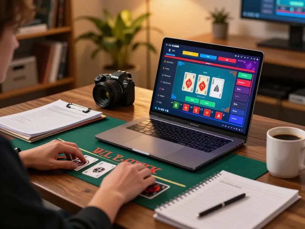 Person playing blackjack online at LLWIN, featuring a vibrant gaming setup and strategy notes.