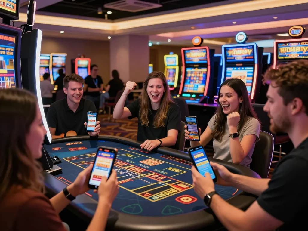 Friends celebrating at HM88 online casino, showcasing vibrant gaming atmosphere and mobile devices.