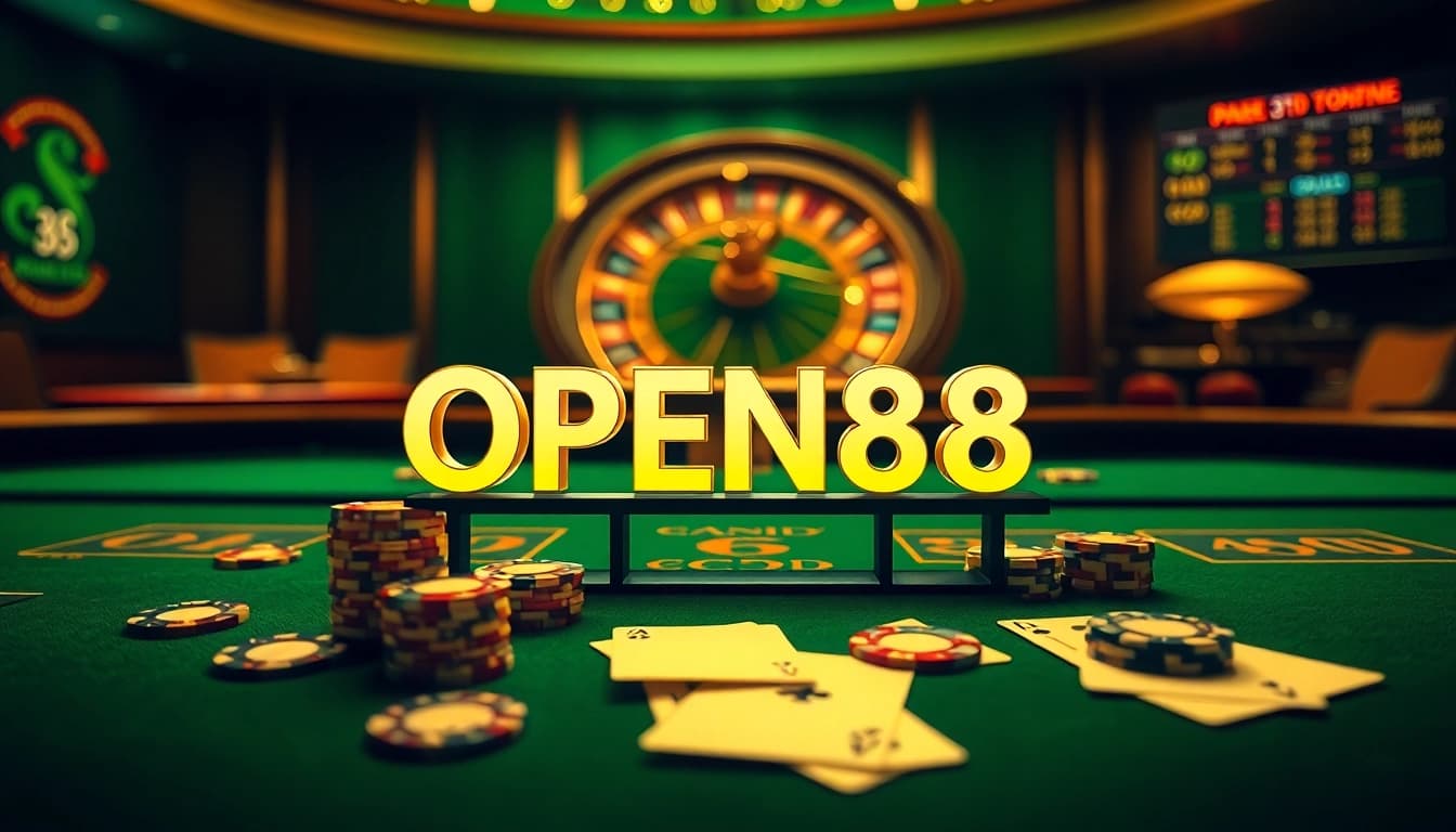 OPEN88 casino table with chips, cards, and roulette wheel, showcasing vibrant gambling excitement.