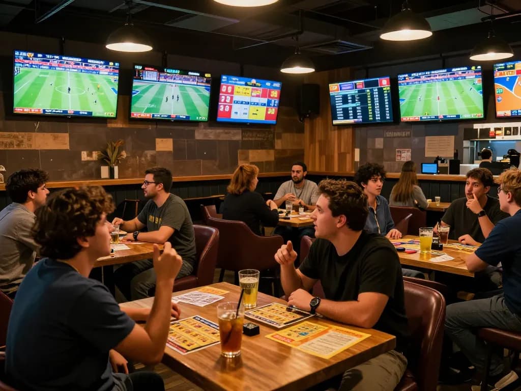 Exciting sports betting scene at tg88 with fans cheering and betting activities in a vibrant bar
