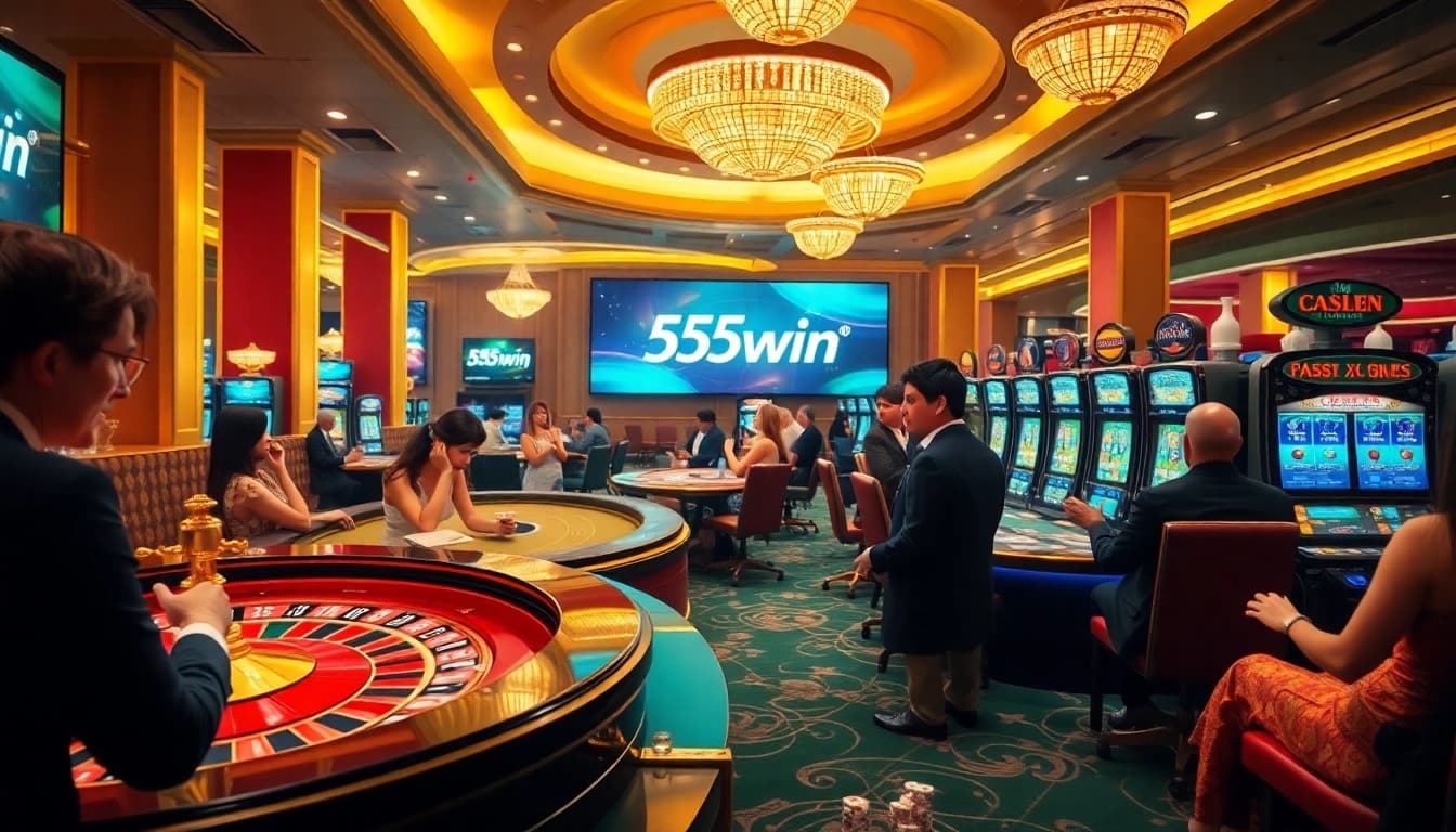 Players enjoying thrilling games at 555win casino, showcasing excitement and high-stakes gambling action.