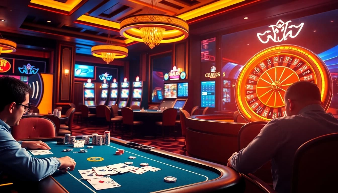 Players enjoy high-stakes action at Goal123, surrounded by vibrant casino aesthetics and engaging games.