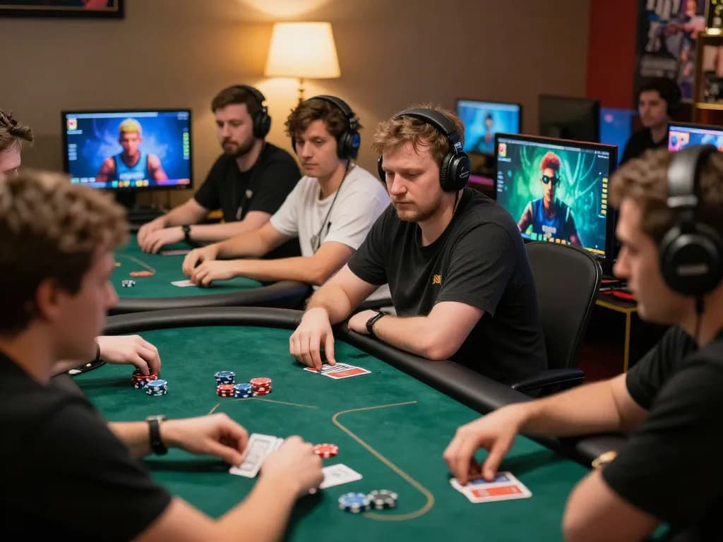 Players focus on poker hands during viral88 online gaming session, showcasing strategic engagement and modern setup.