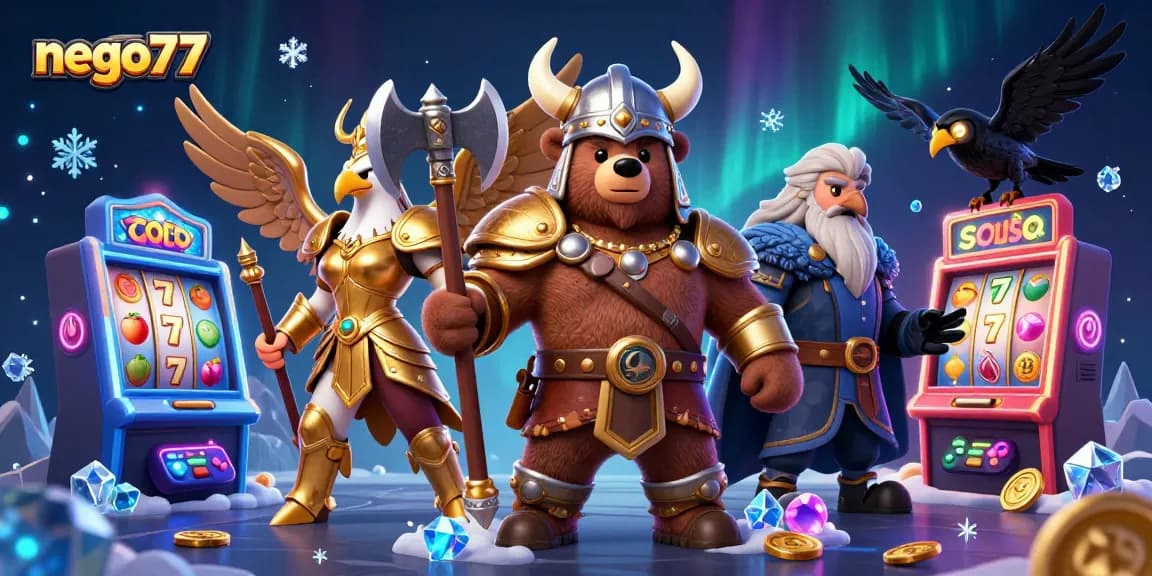 Engage with nego77's latest slot machines featuring a Viking berserker with game elements in a vibrant scene.