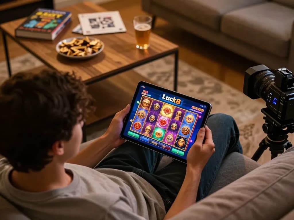 Playing Luck8 online casino on a tablet in a cozy home setting with snacks and strategy notes.
