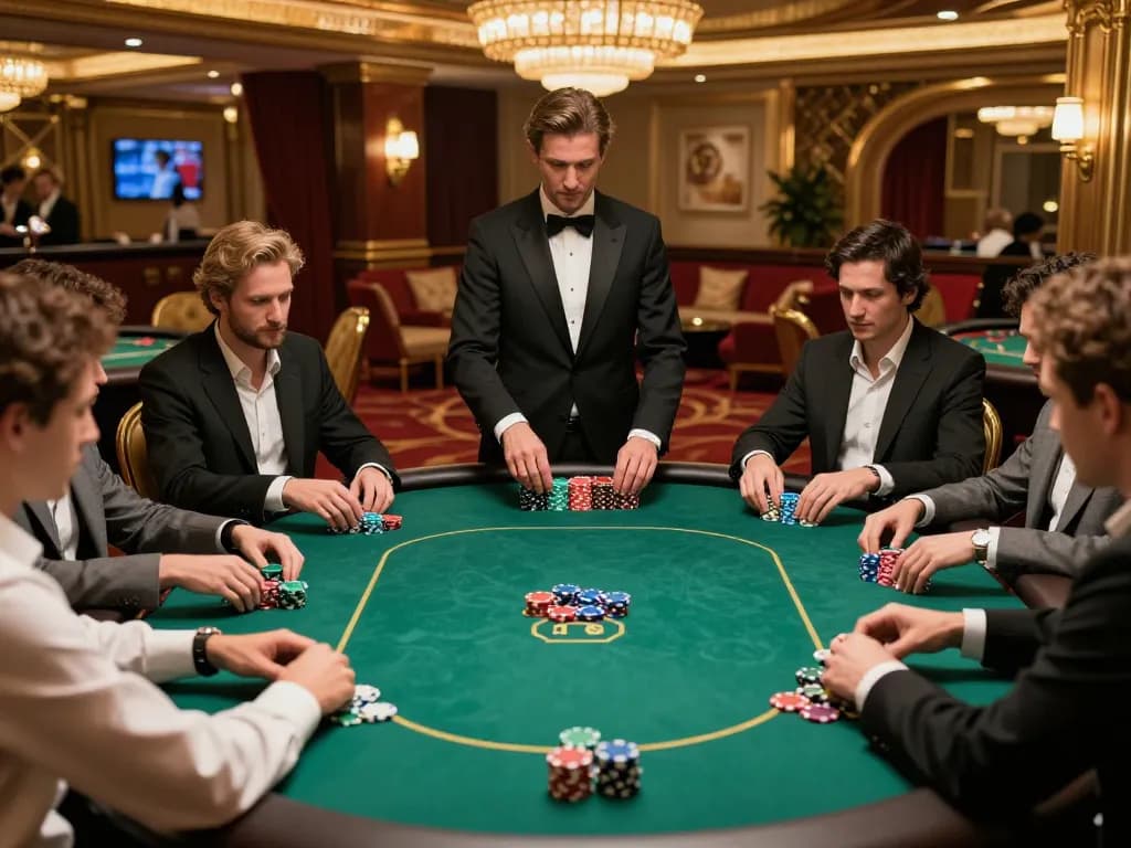 players strategizing in a high-stakes poker game at a luxury casino, blueskybuds atmosphere elevating the experience