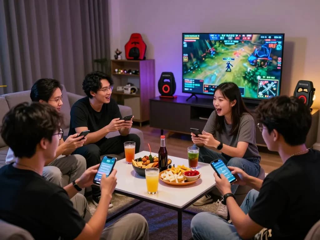 Esport betting Singapore scene showing friends enthusiastically placing live bets during a Dota 2 match.