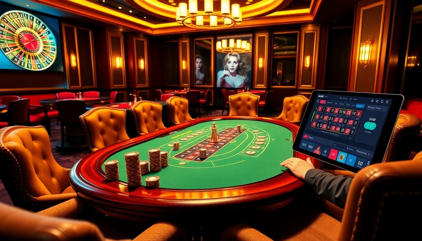 Action at the nk88 casino table, players engaging with poker chips and cards in an upscale environment.