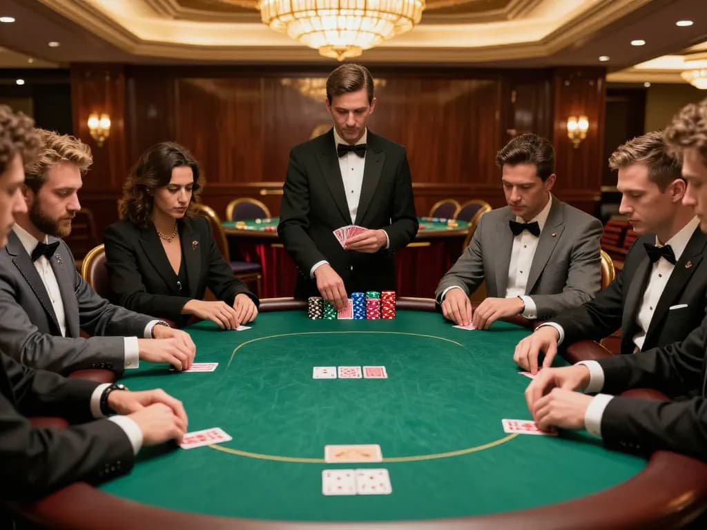 Players engage in a high-stakes poker game at a luxurious casino table mb66, showcasing intense focus and strategy.