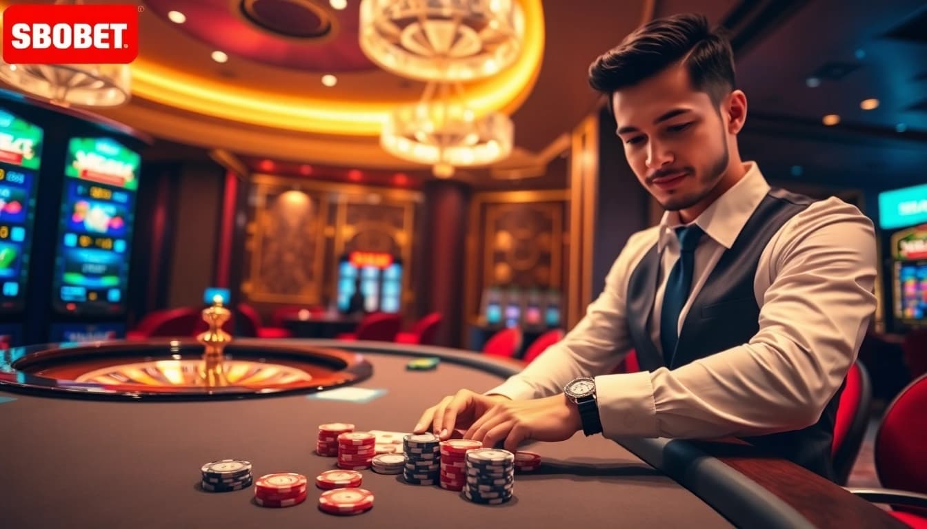 SBOBET players enjoying a thrilling gaming experience at an elegant casino table.