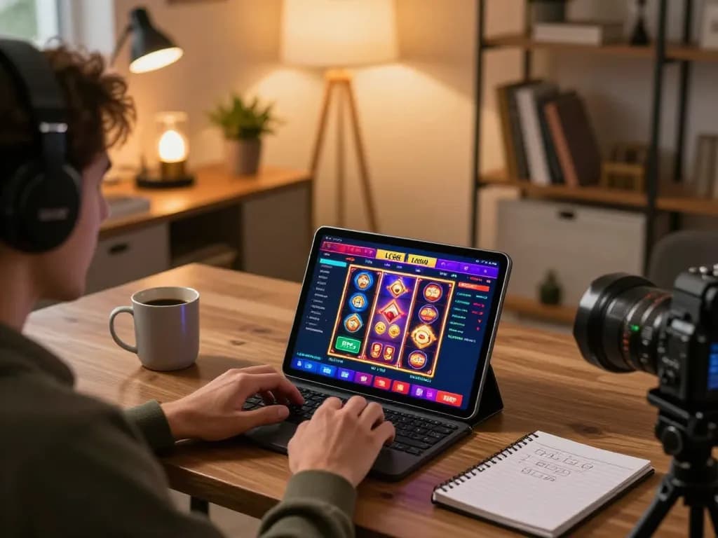 LC88 player engaging with online casino games in a stylish home setup, highlighting vibrant gaming interface.