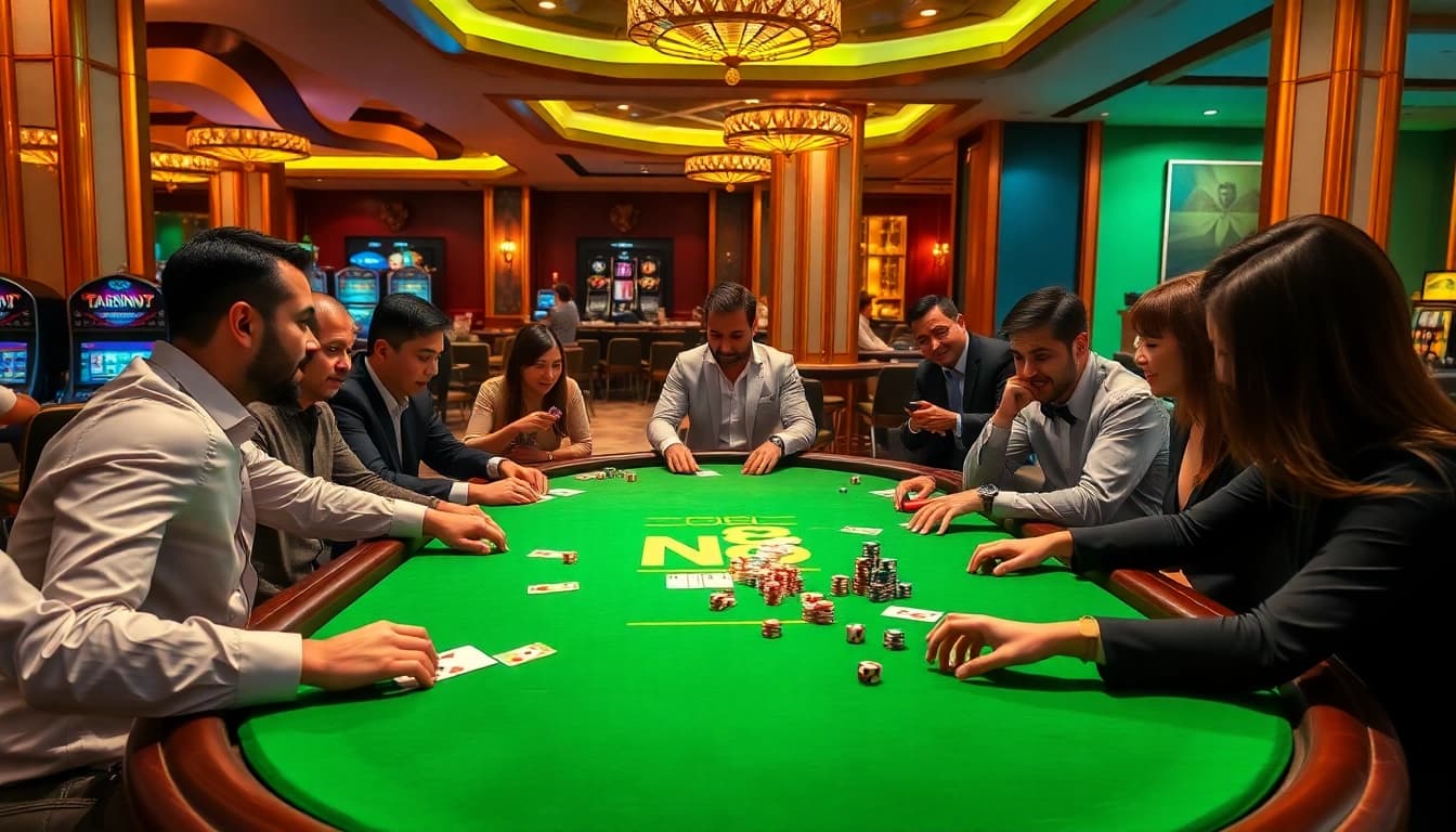 NK88 poker players enjoy an exciting game in a luxurious casino setting.