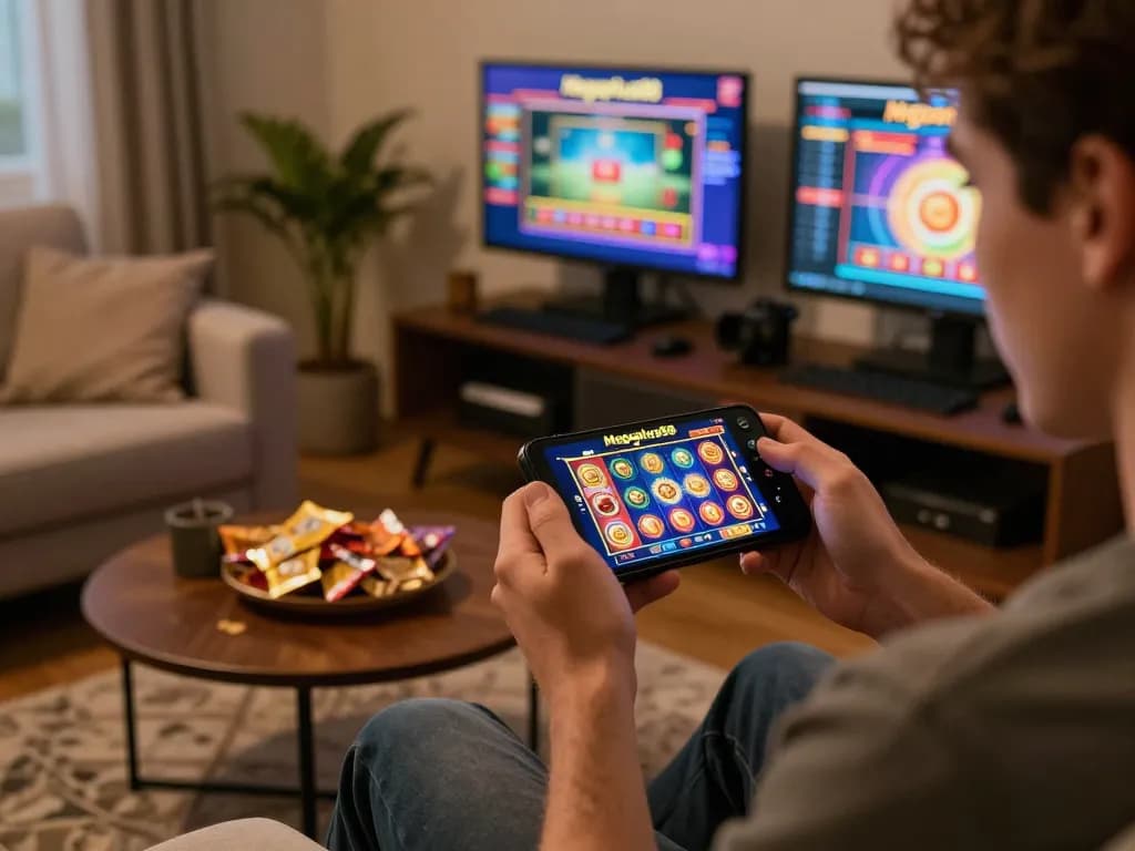 Player enjoying engaging gameplay on megaplus88 mobile casino app in a cozy home environment.