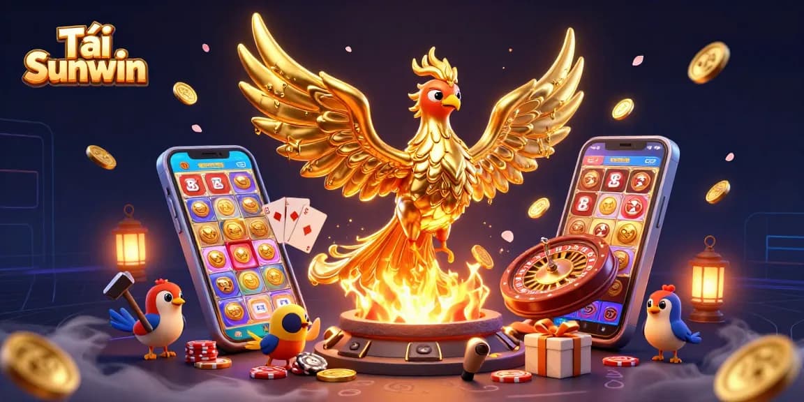 Tải Sunwin with a vibrant digital casino illustration showcasing a golden phoenix and dynamic game elements.