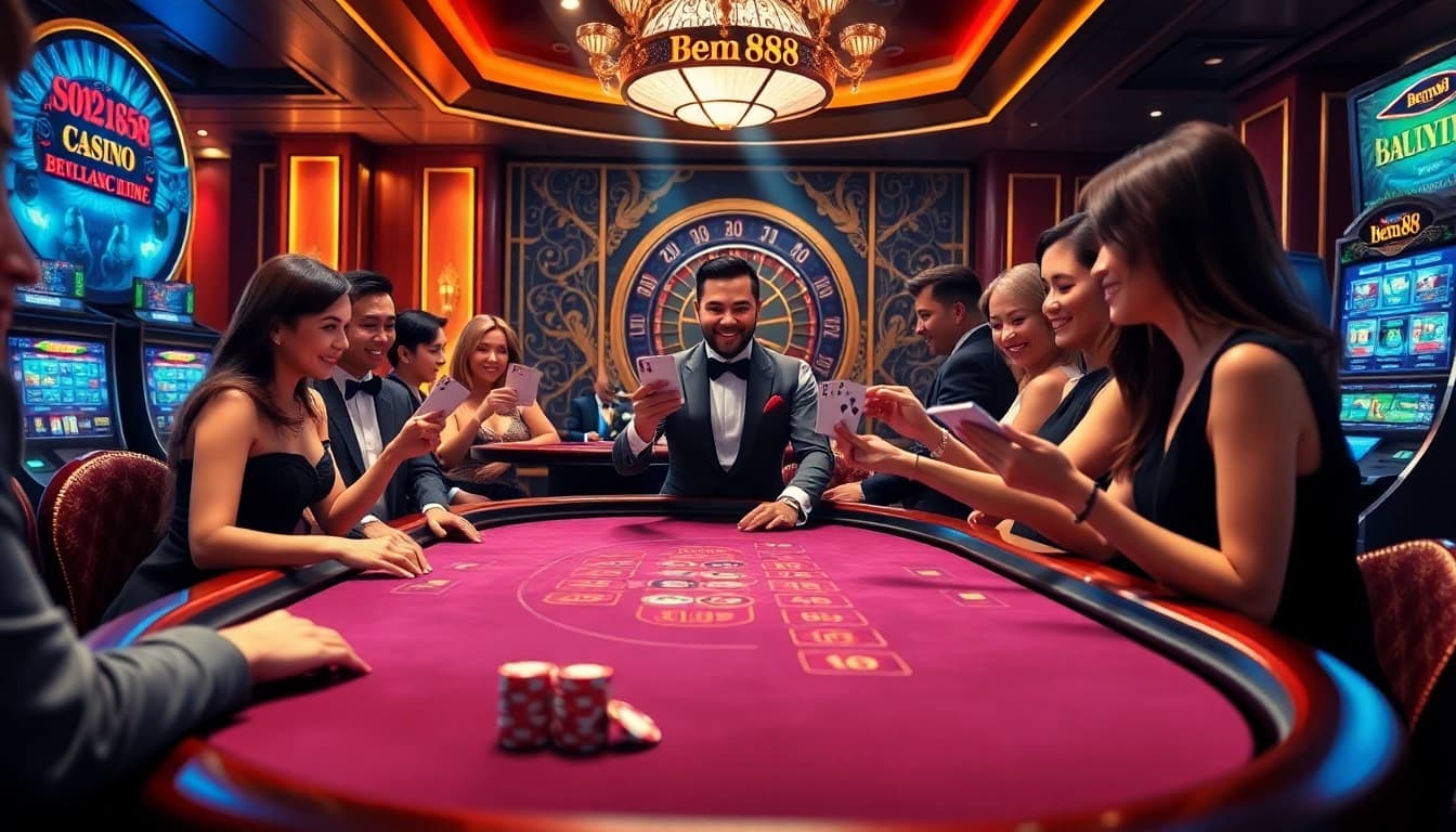 Players enjoy an exciting game of blackjack at bem88 casino, showcasing the thrills of gambling.