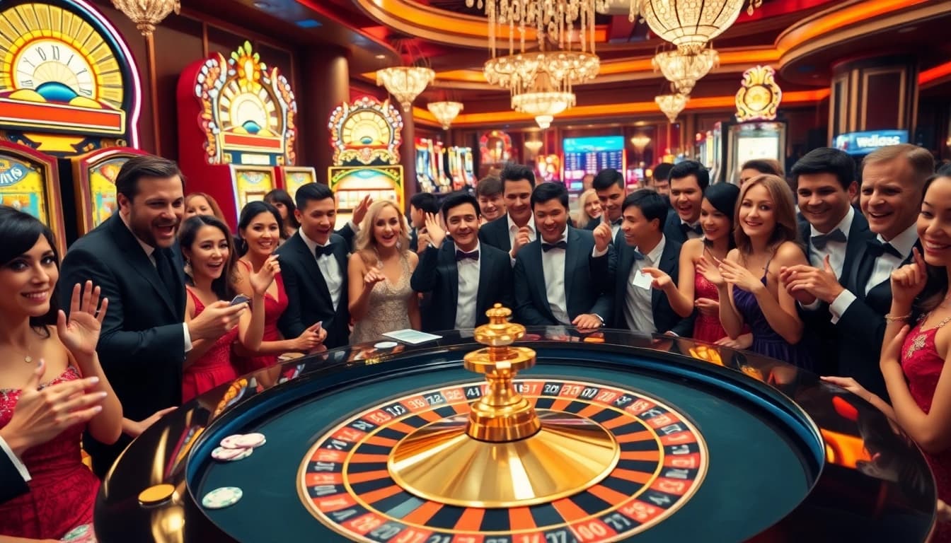 Gamblers enjoying a thrilling poker game at go8 casino, surrounded by vibrant slot machines.