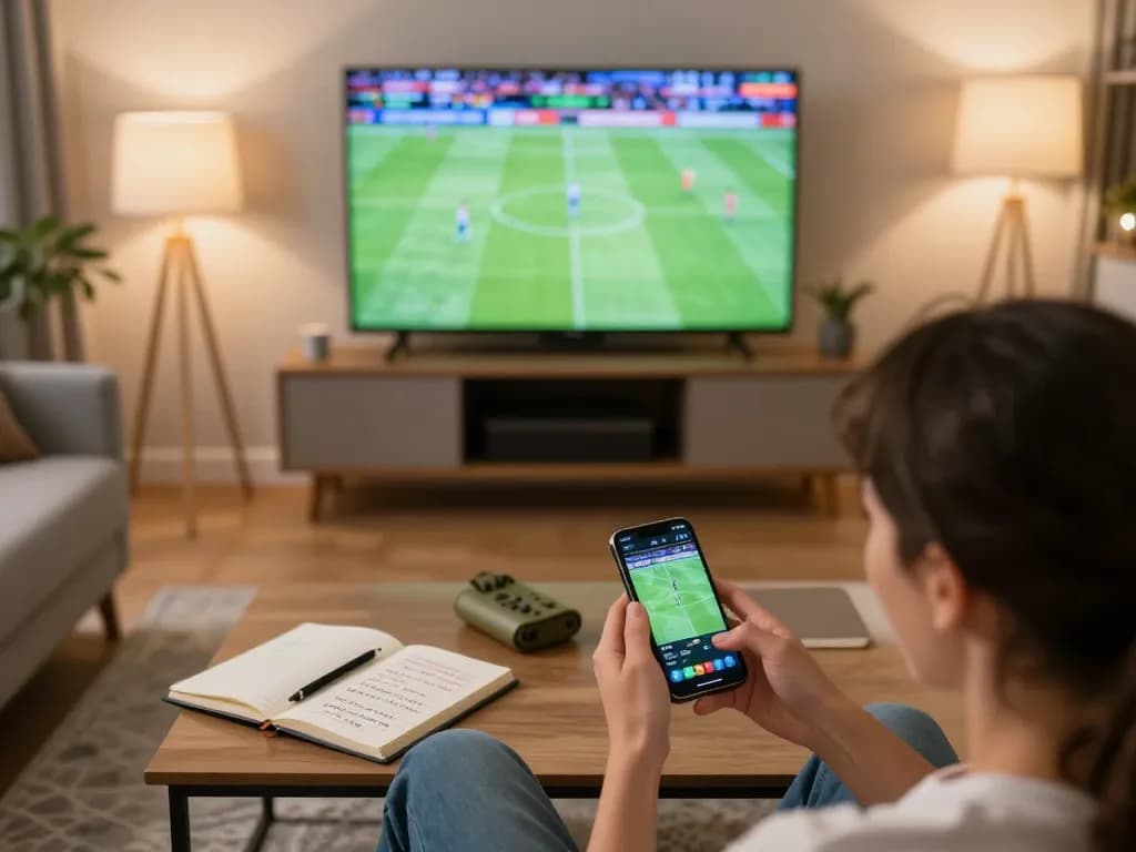 Engaged bettor using mobile app for debet sports betting during game in cozy living room