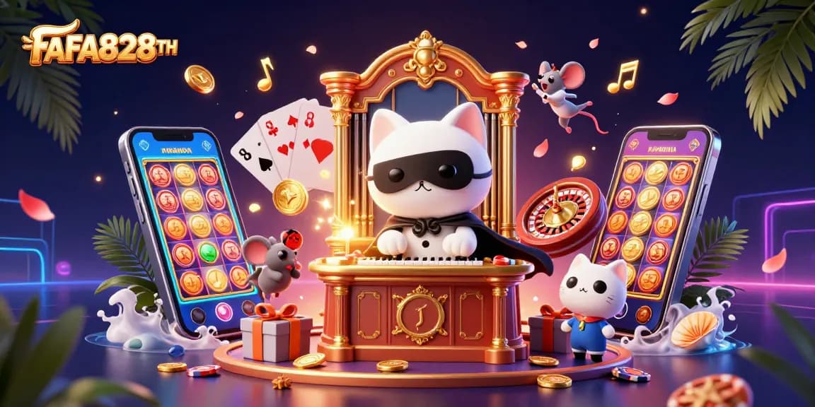 Engage with FAFA828TH's thrilling slot experience featuring a whimsical scene of a casino cat and mouse acrobat.
