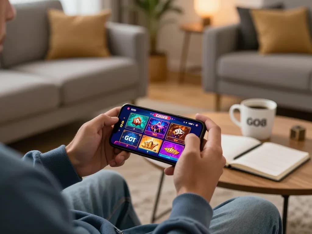 Player engaging with GO8 casino app for online gaming experience in a cozy home setting