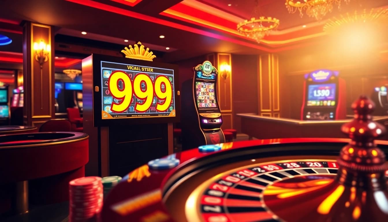 Dive into the excitement at 99OK with a luxurious online casino scene featuring vibrant gaming elements.