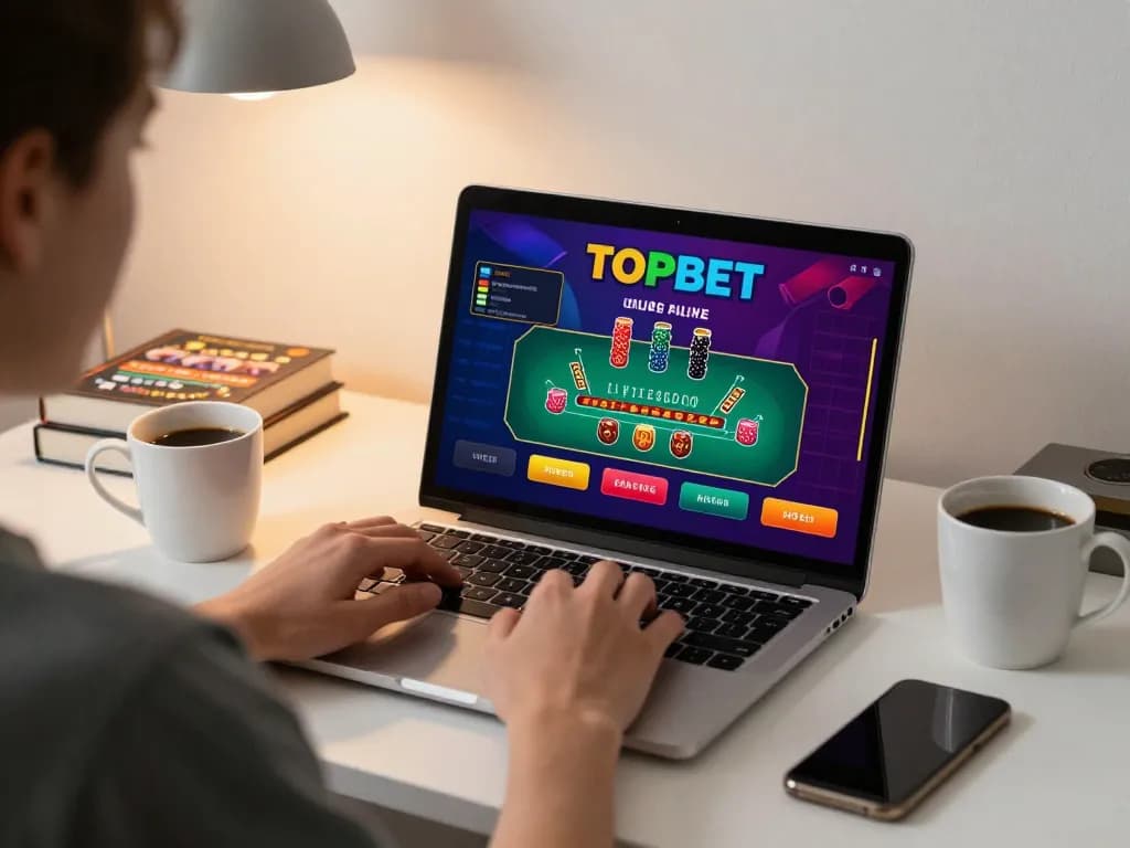Engaged player using TOPBET on laptop for live casino gaming at home