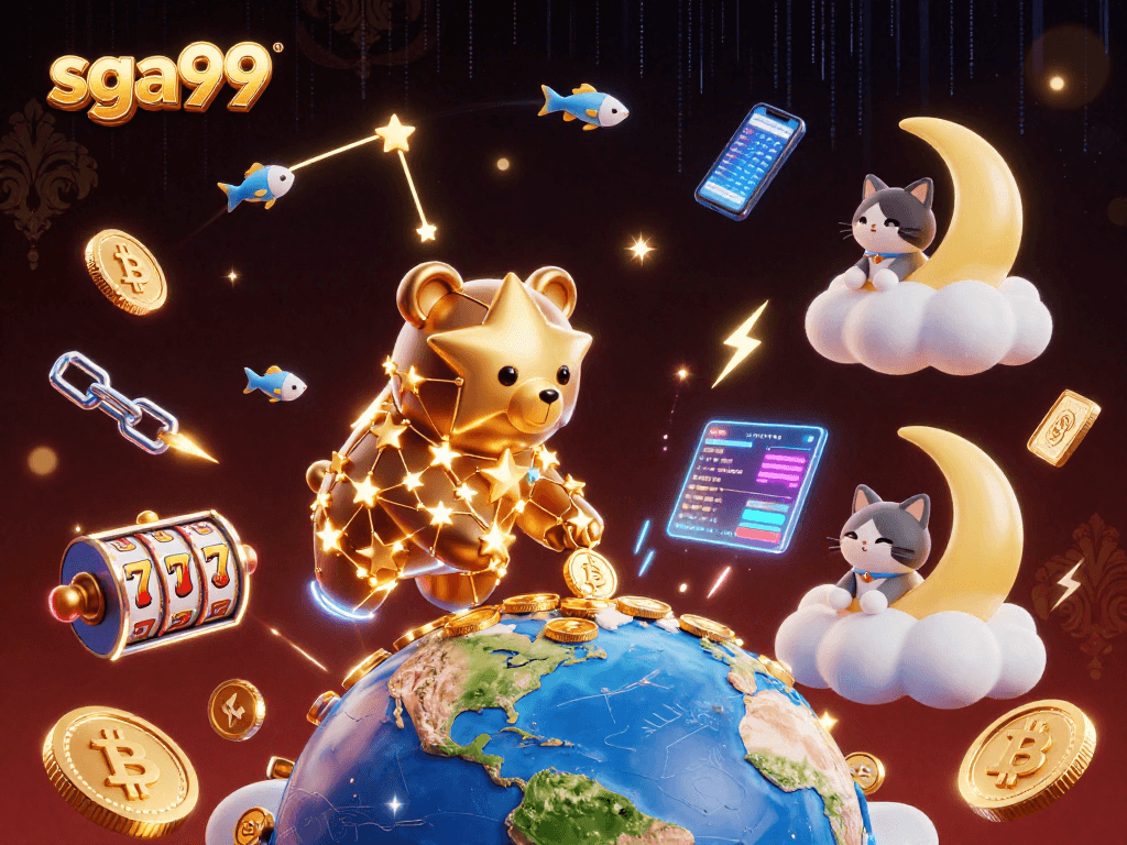 Spin to win with sga99 in a vibrant, interactive 3D casino-themed scene filled with colorful elements.