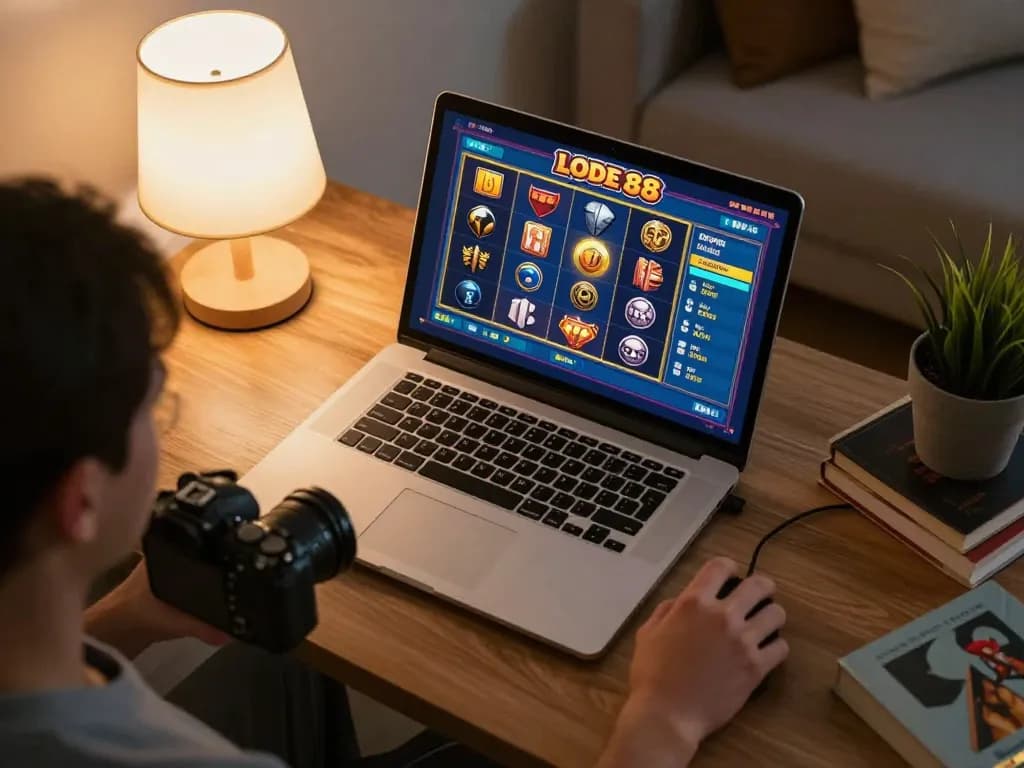 Player engaging with LODE 88 slots, showcasing excitement in a cozy home gaming setup.