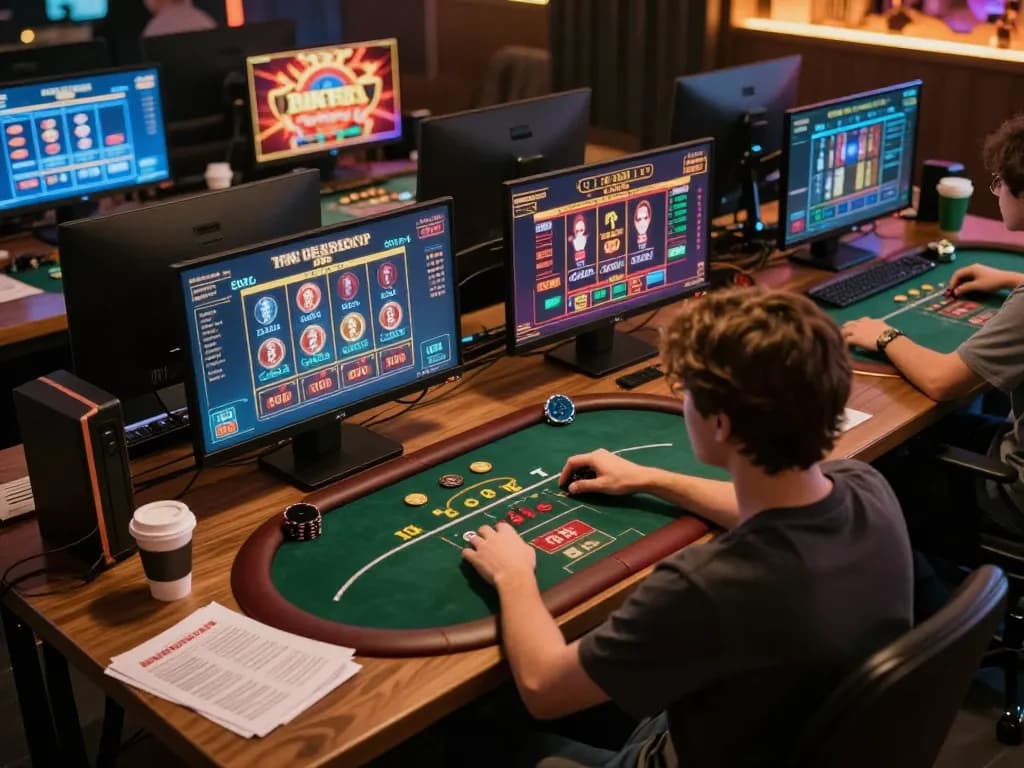 Engaging in bitcoin gambling online with multiple screens displaying different casino games, illustrating dynamic gameplay.