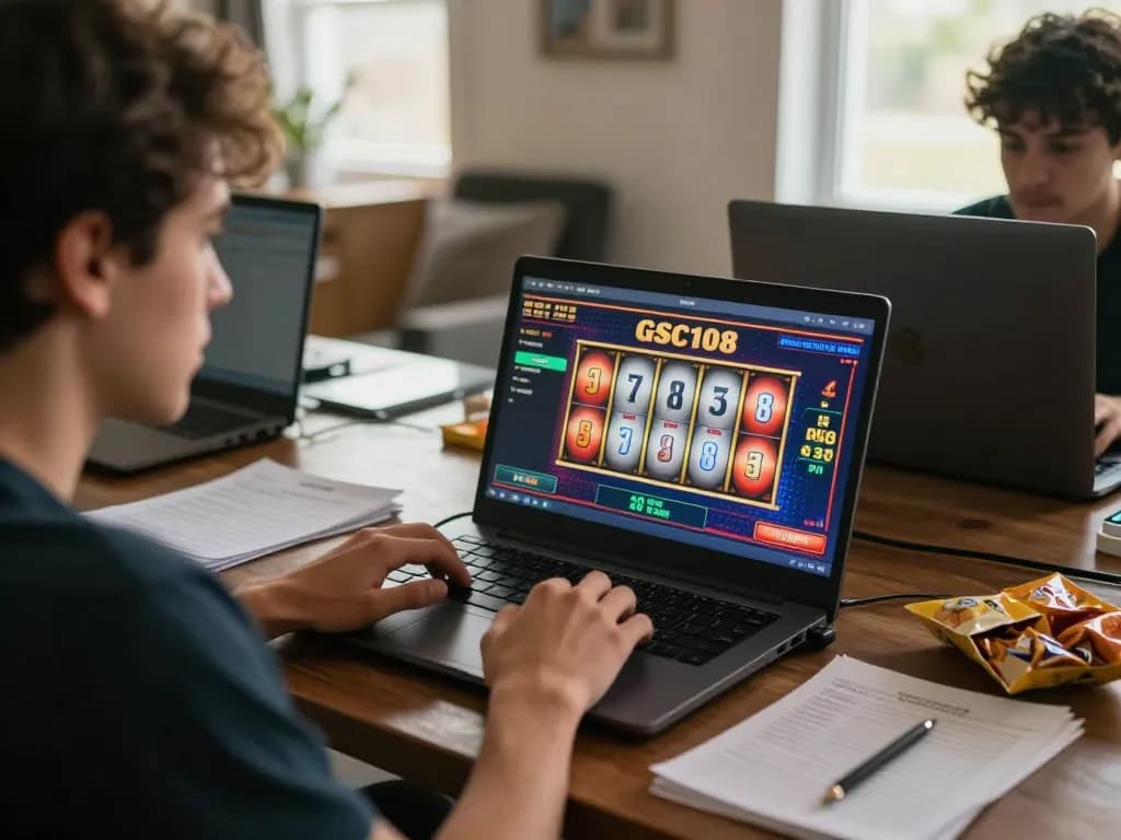 Pemain Gsc108 menikmati permainan slot online di rumah, laptop menampilkan antarmuka slot yang berwarna-warni.