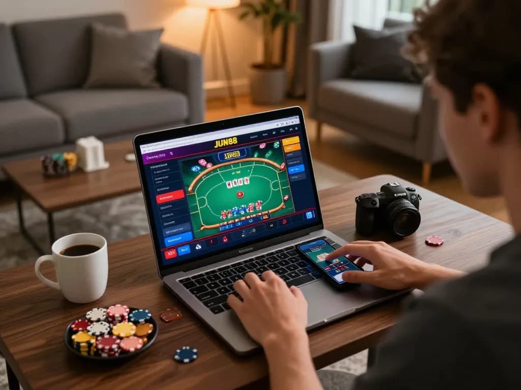 Player enjoying JUN88 online casino on a laptop in a cozy living room.