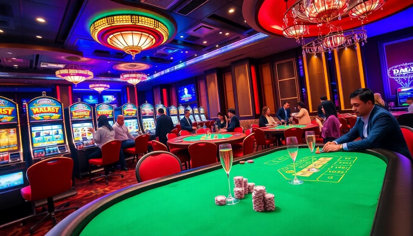 Experience the excitement of qh88 with players enjoying vibrant casino games and luxurious surroundings.