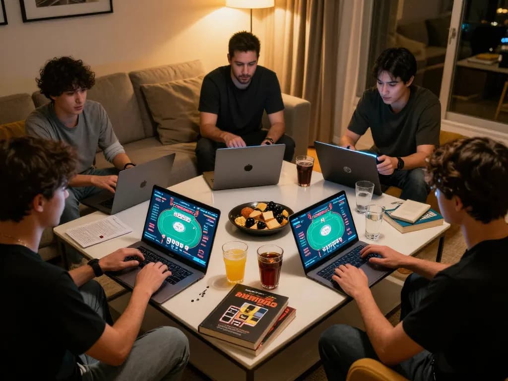 Engaged players enjoying an online rr88 poker game in a cozy home setting, highlighting strategy and interaction