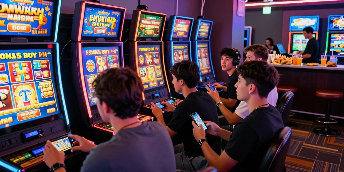 Players engaging with bonus buy slots in a vibrant online casino atmosphere, showcasing excitement and strategy.